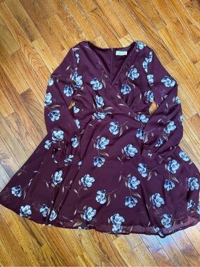 Altar'd State Wine Burgundy Floral Long Sleeve Dress with Blue Flowers